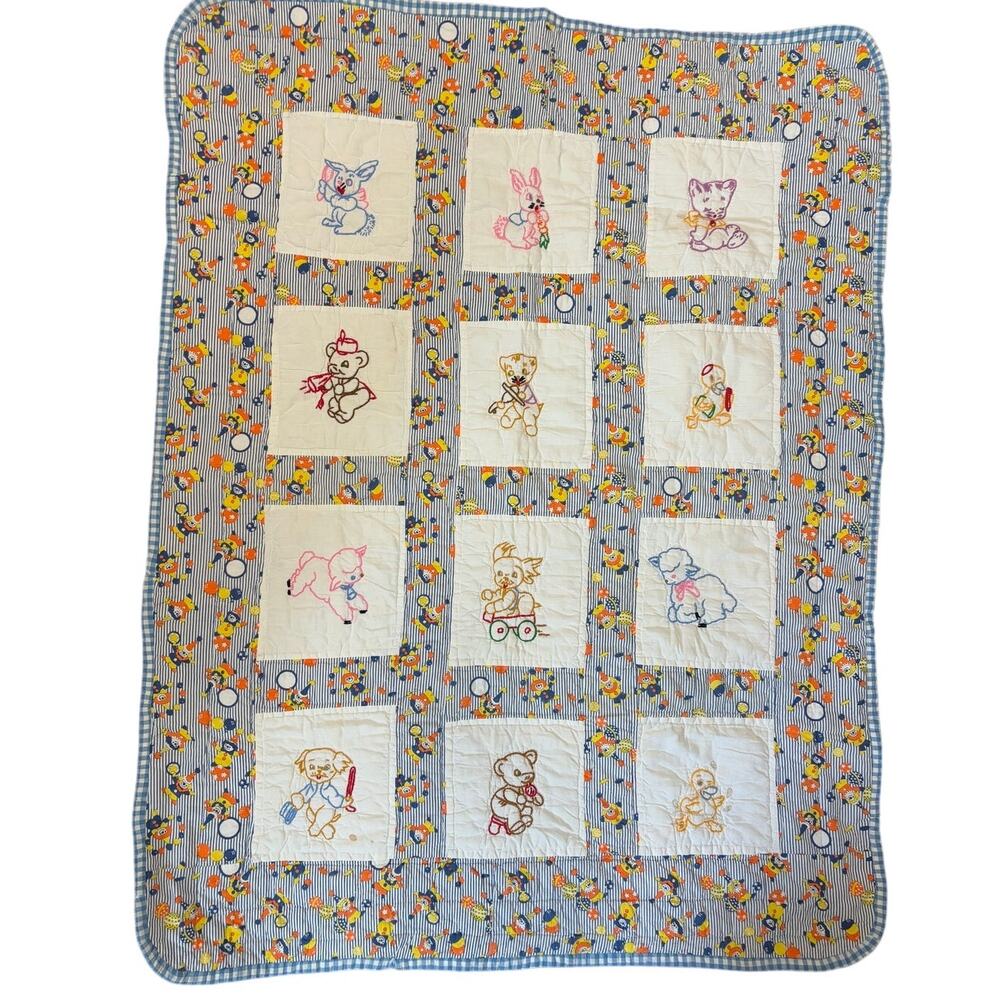 Vintage Crib Size Quilt Handmade Circus Clowns Hand Embroidered Animals